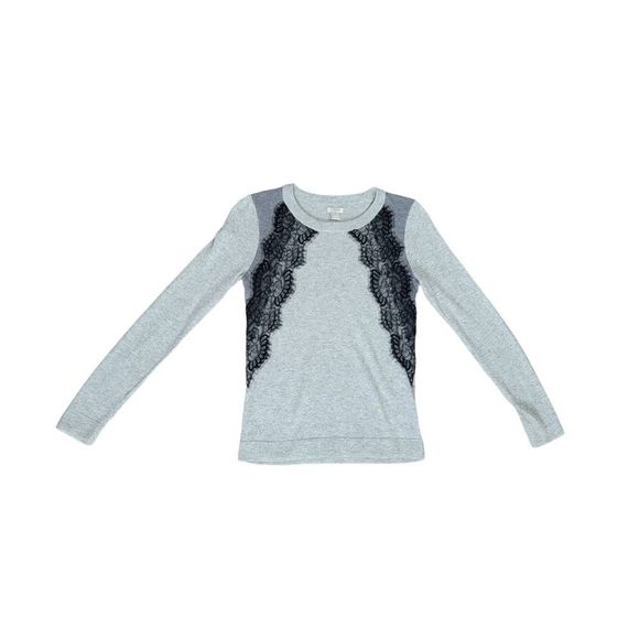 J. Crew Sweater Crew Neck Womens XS Grey w/ Black Lace Accent Soft Wool Blend - Picture 5 of 12
